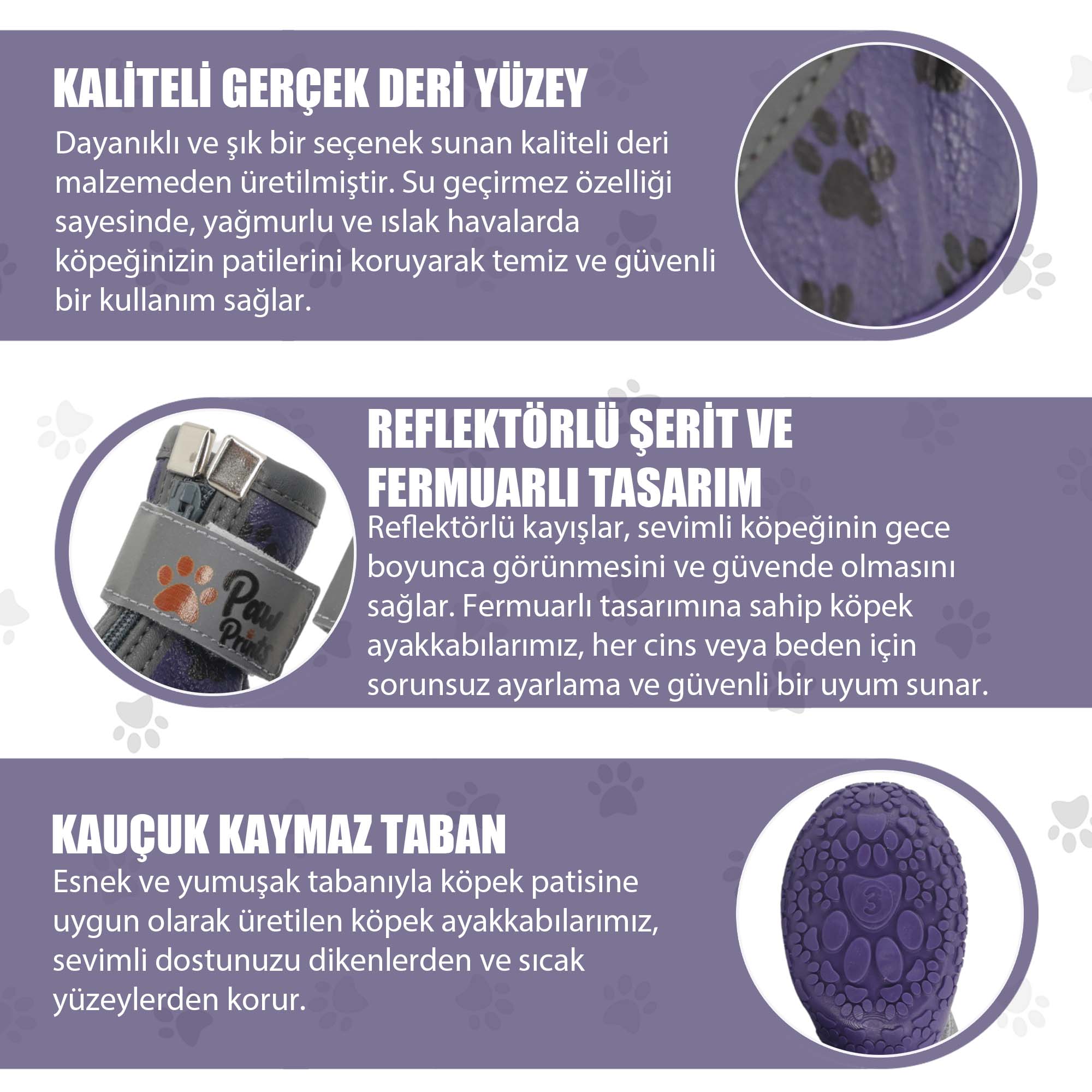 Kışlık Su Geçirmez Köpek Ayakkabısı, Deri Köpek Botu, Kauçuk Taban Köpek Ayakkabısı, Mor Köpek Ayakkabısı
