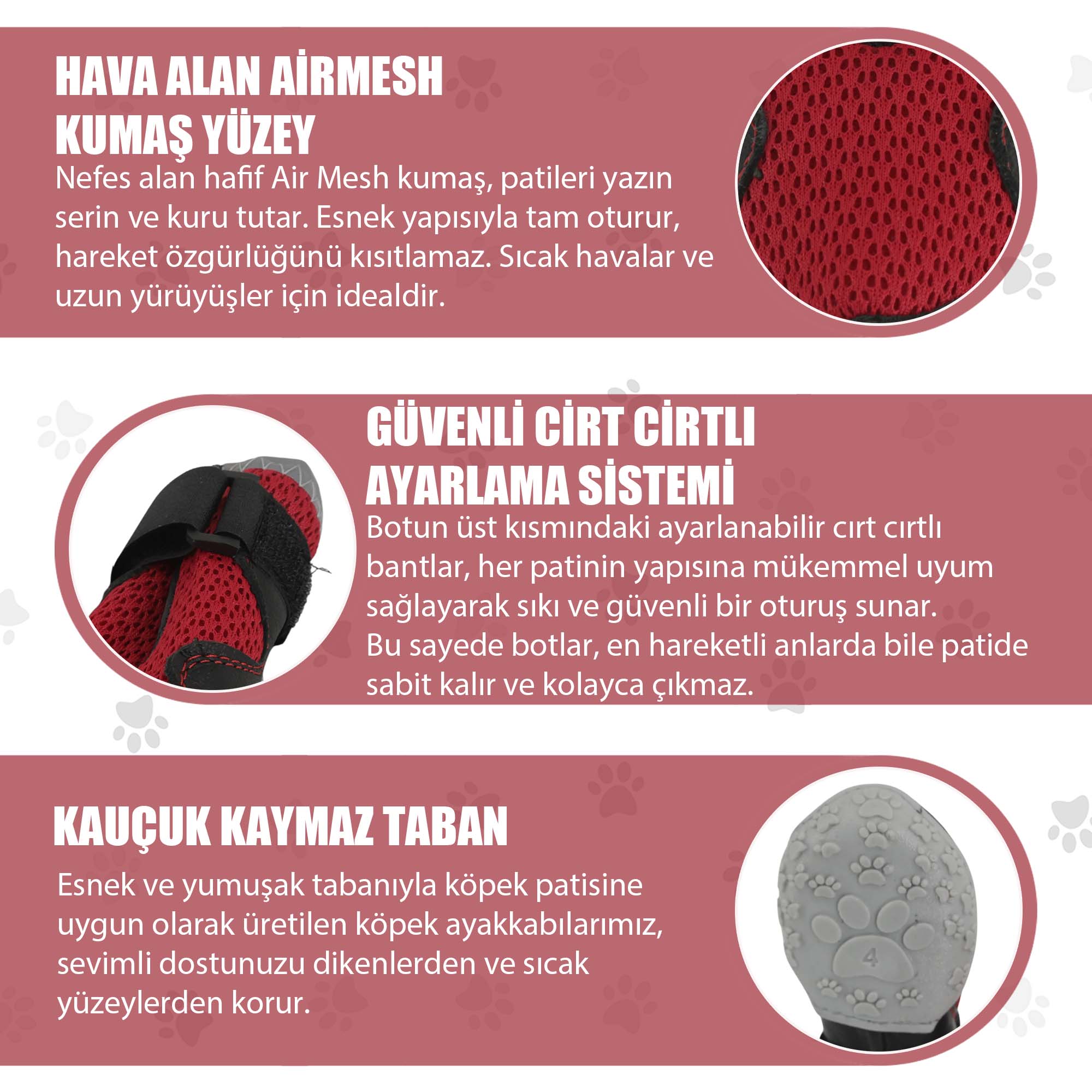 AirMesh Yazlık Köpek Ayakkabısı – Cırt Cırtlı Ayarlanabilir Kaymaz Kauçuk Taban Bot, Kırmızı Köpek Ayakkabısı