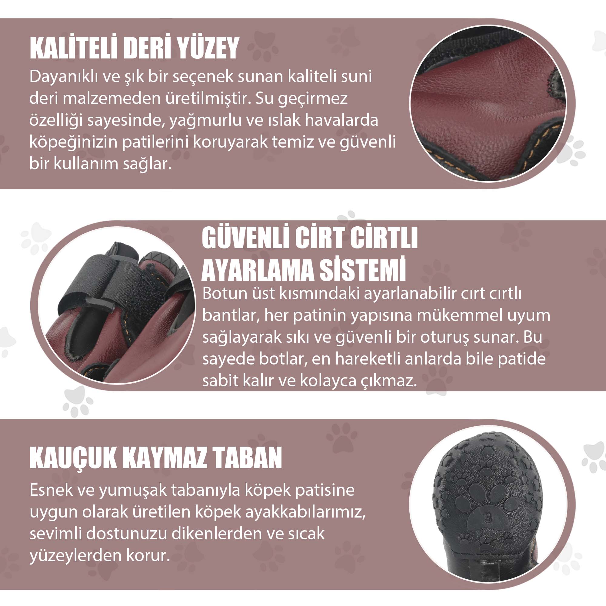 Su Geçirmez Deri Köpek Ayakkabısı – Cırt Cırtlı Ayarlanabilir Kaymaz Taban Bot, Bordo Köpek Ayakkabısı