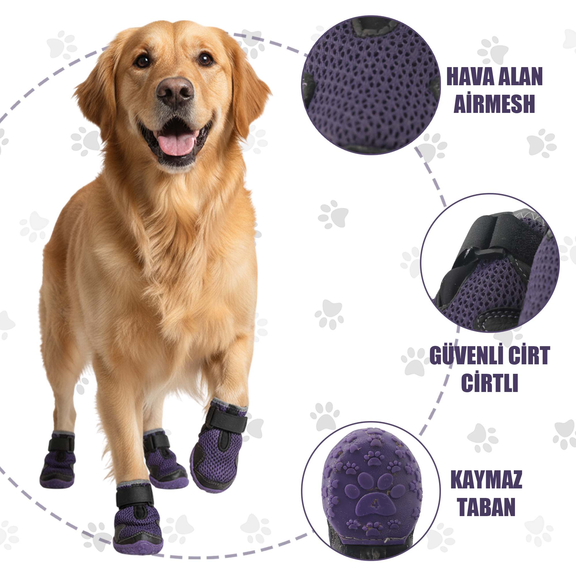 AirMesh Yazlık Köpek Ayakkabısı – Cırt Cırtlı Ayarlanabilir Kaymaz Kauçuk Taban Bot, Mor Köpek Ayakkabısı
