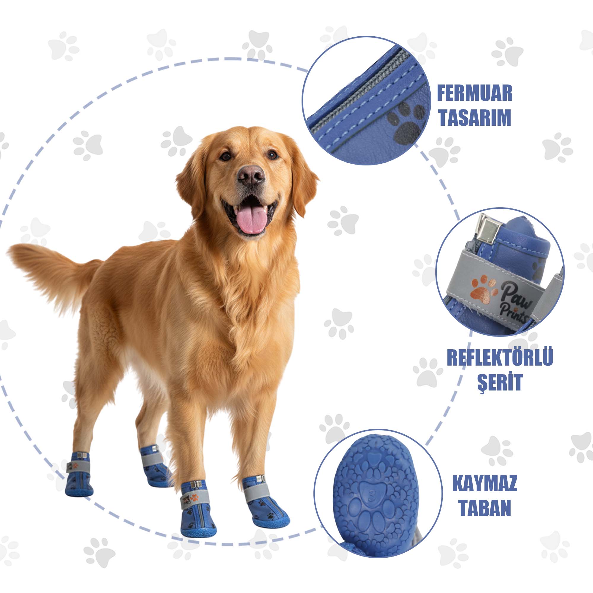 Kışlık Su Geçirmez Köpek Ayakkabısı, Deri Köpek Botu, Kauçuk Taban Köpek Ayakkabısı, Mavi Köpek Ayakkabısı