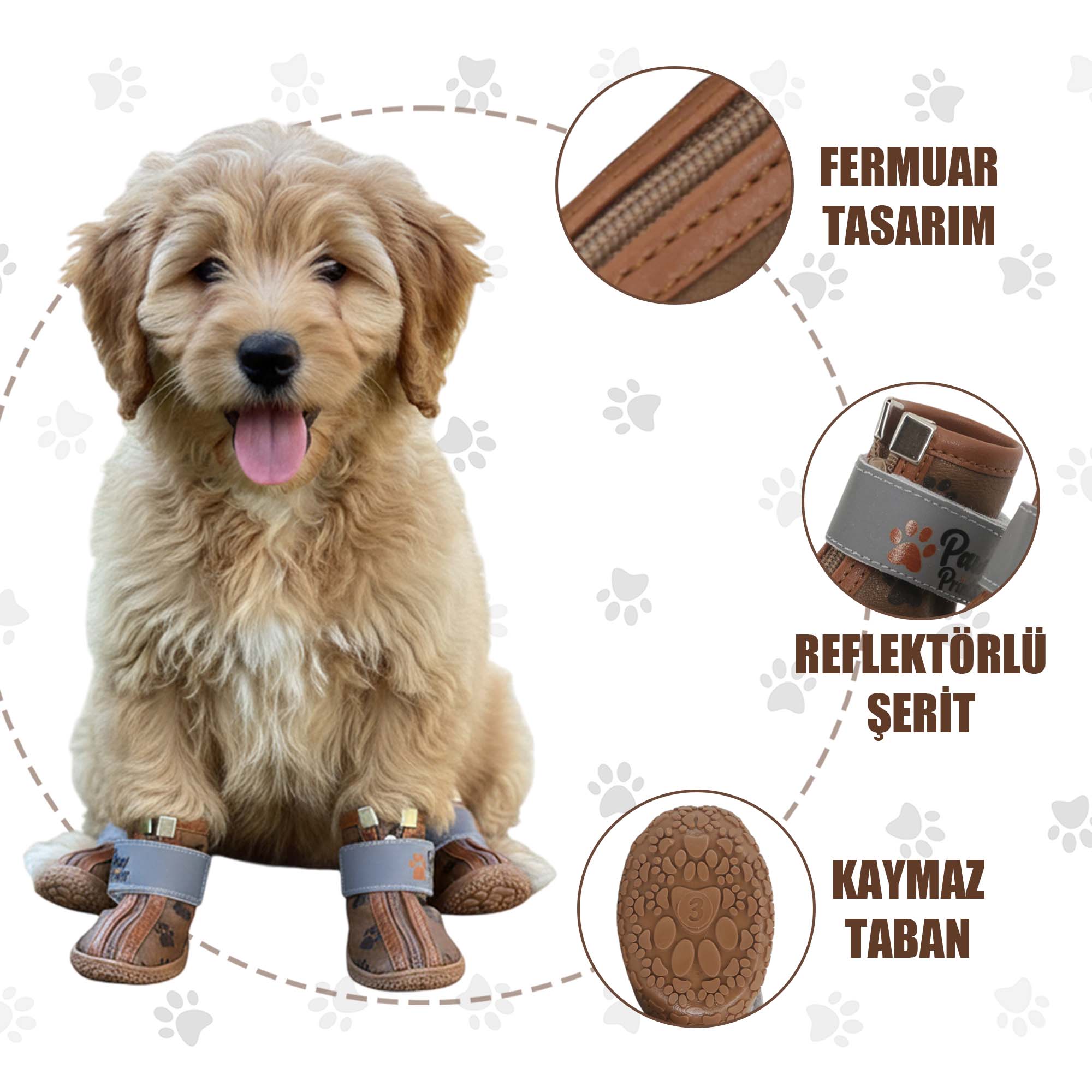 Kışlık Su Geçirmez Köpek Ayakkabısı, Deri Köpek Botu, Kauçuk Taban Köpek Ayakkabısı, Kahverengi Köpek Ayakkabısı