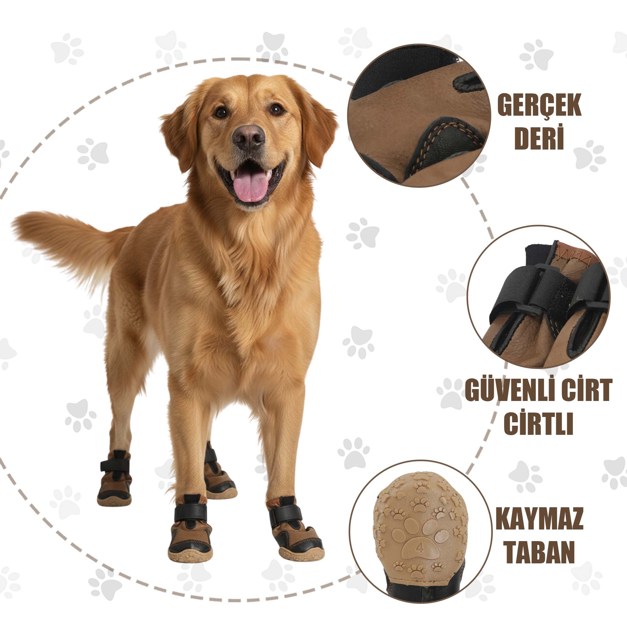 Su Geçirmez Deri Köpek Ayakkabısı – Cırt Cırtlı Ayarlanabilir Kaymaz Taban Bot, Kahverengi Köpek Ayakkabısı