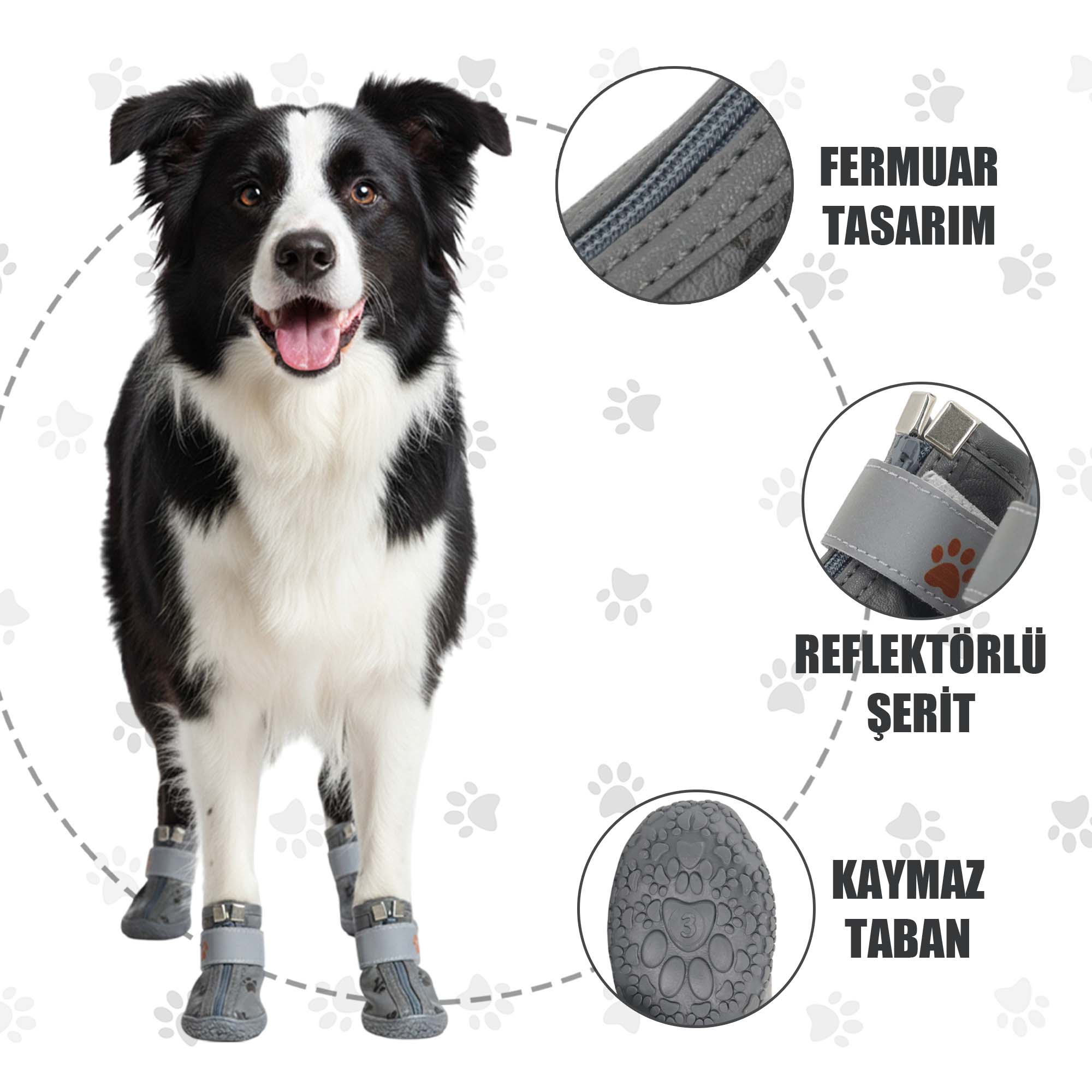 Kışlık Su Geçirmez Köpek Ayakkabısı, Deri Köpek Botu, Kauçuk Taban Köpek Ayakkabısı, Gri Köpek Ayakkabısı