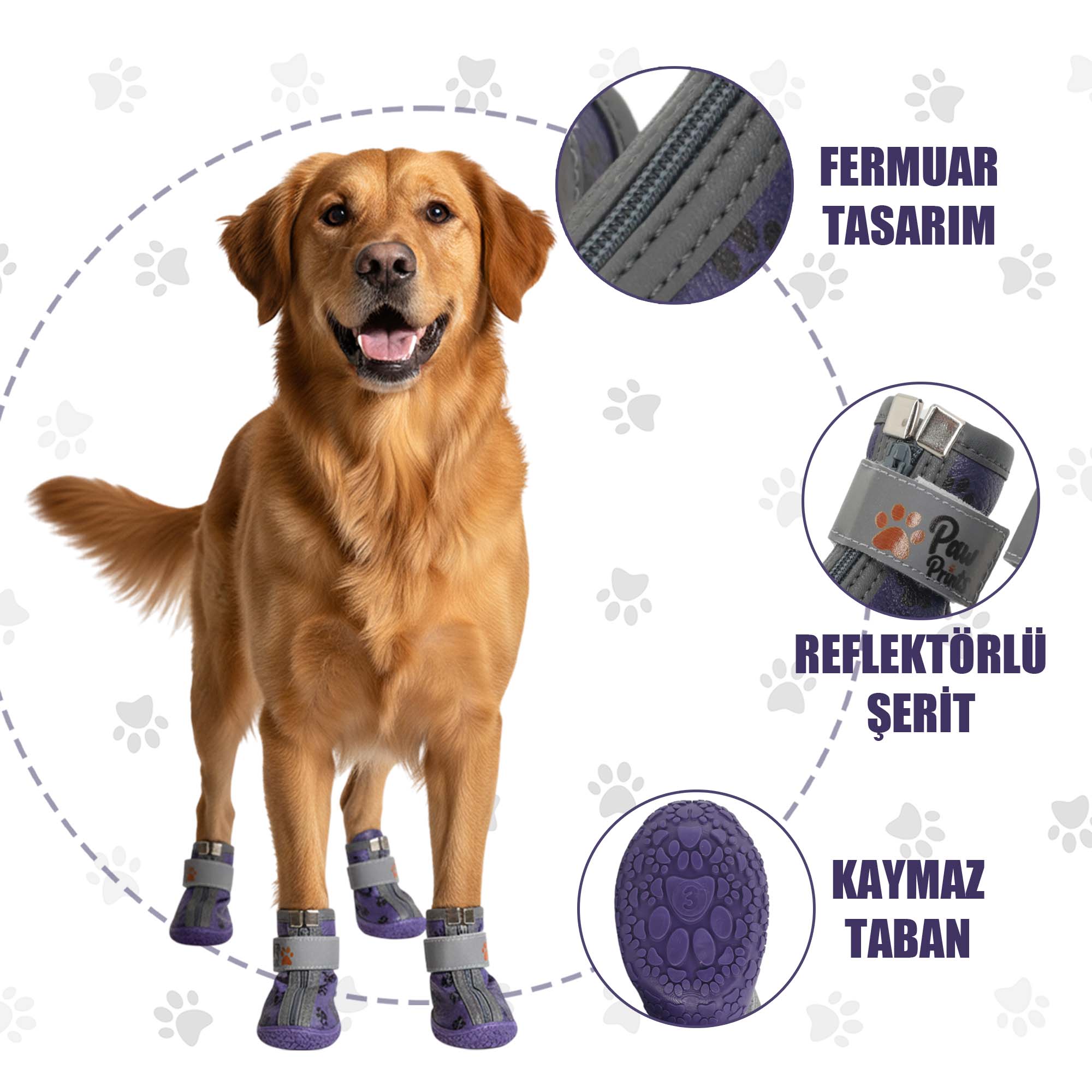 Kışlık Su Geçirmez Köpek Ayakkabısı, Deri Köpek Botu, Kauçuk Taban Köpek Ayakkabısı, Mor Köpek Ayakkabısı