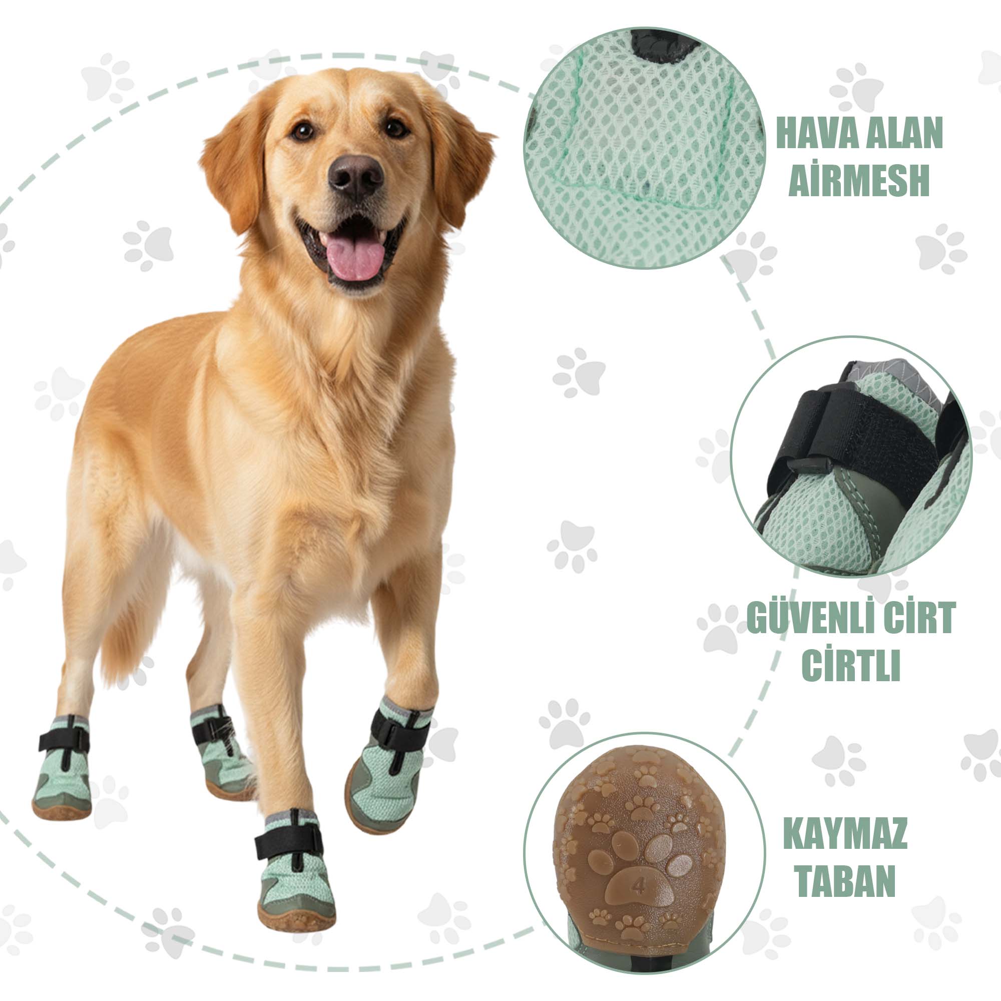 AirMesh Yazlık Köpek Ayakkabısı – Cırt Cırtlı Ayarlanabilir Kaymaz Kauçuk Taban Bot, Su Yeşili Köpek Ayakkabısı
