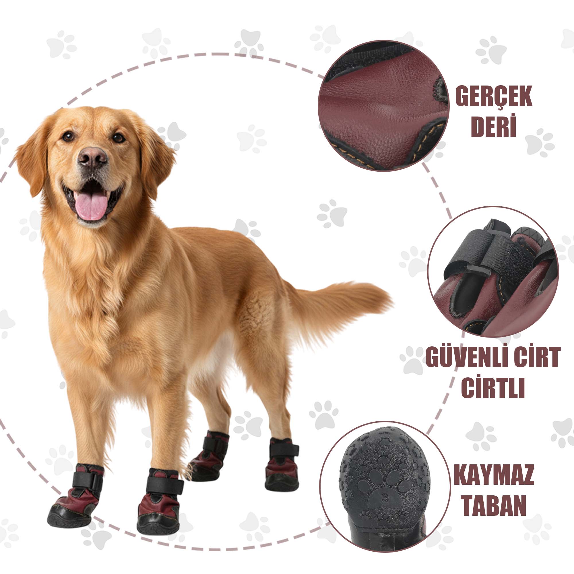 Su Geçirmez Deri Köpek Ayakkabısı – Cırt Cırtlı Ayarlanabilir Kaymaz Taban Bot, Bordo Köpek Ayakkabısı