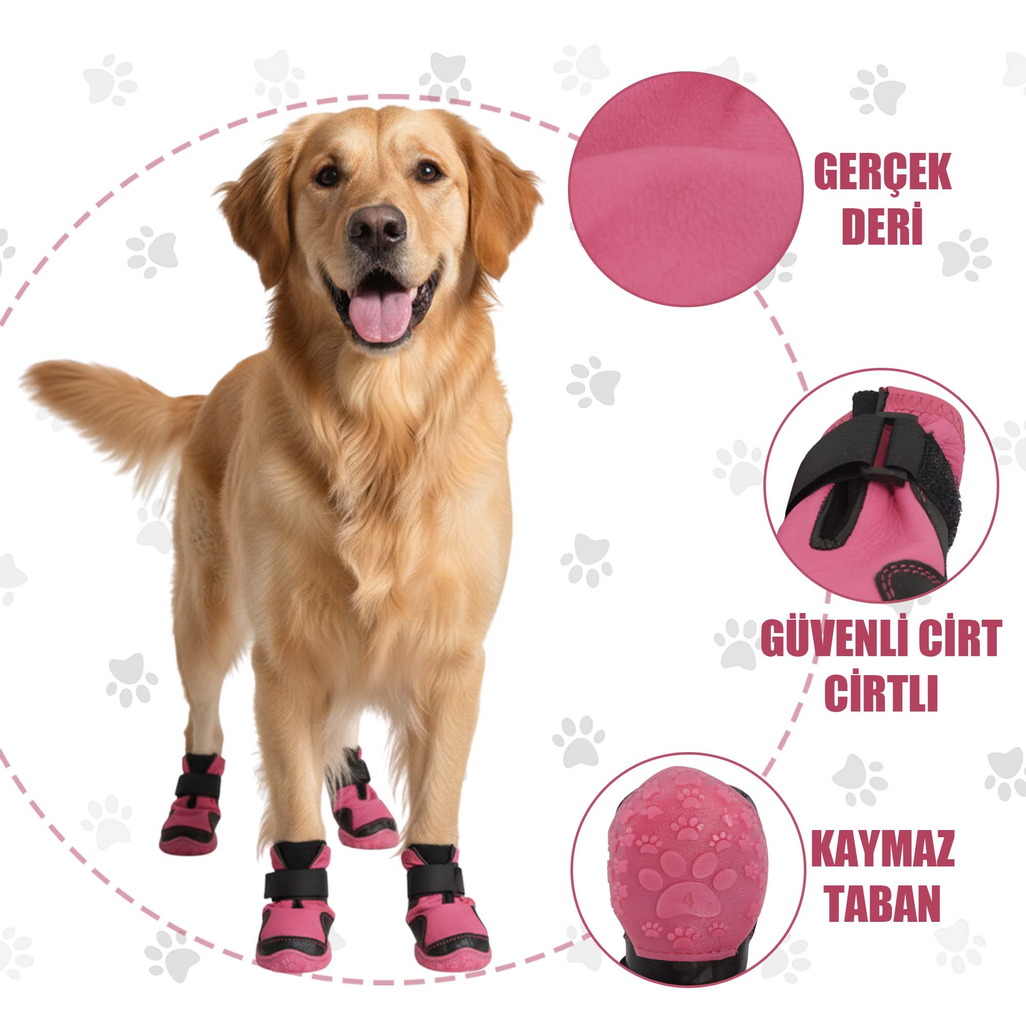 Su Geçirmez Deri Köpek Ayakkabısı – Cırt Cırtlı Ayarlanabilir Kaymaz Taban Bot, Neon Pembe Köpek Ayakkabısı