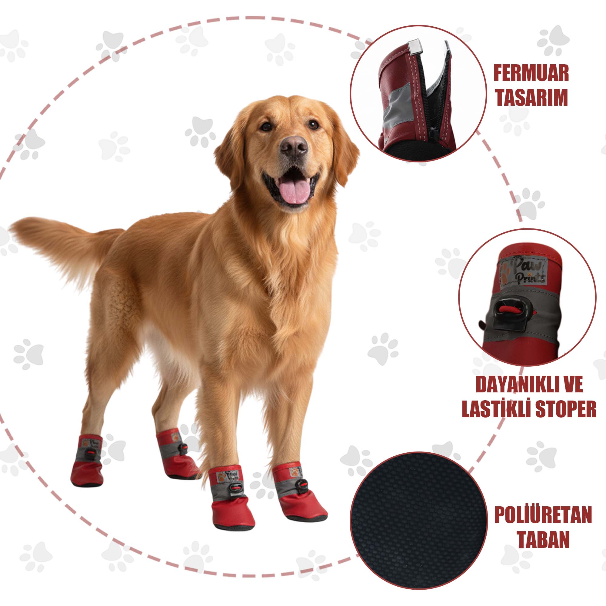 Suni Deri Köpek Ayakkabısı - Poliüretan Taban Köpek Ayakkabısı, Kırmızı Köpek Ayakkabısı